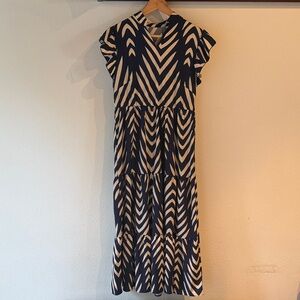 Ruffle Sleeve Tiered Chevron Navy and Cream Dress, Size M